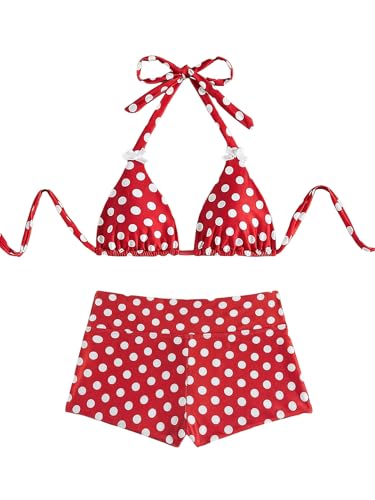 Image of WDIRARA Women's Polka Dots Halter Bikini Set Tie Back Triangle 2 Piece Swimsuit with Boyshorts
