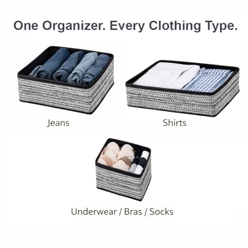 Image of DALUCI 6 Piece Foldable Clothing Storage Box Set | Cube Storage Bins and Dividers for Wardrobe Cloth Organizer for Storage Cupboard and Drawer Organizers for Shirts Pants Underwear Bras Socks (Black)