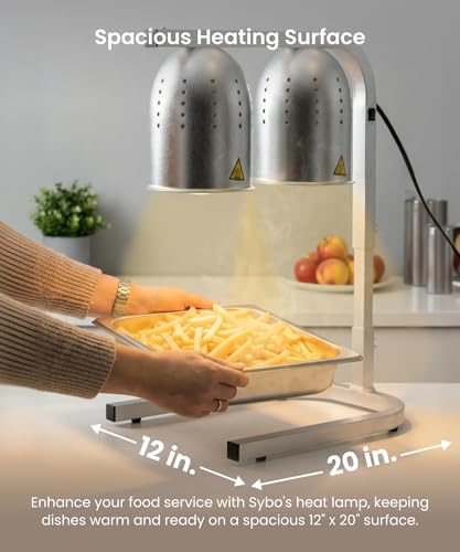 Image of SYBO Commercial Grade Food Heat Lamp, Electric 2-Bulb Heating Lamp Warmer for Food with Adjustable Stand, 500W, Silver