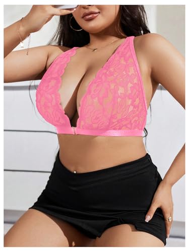 Image of MakeMeChic Women's Plus Size Lace Bralette Front Closure Bras Wireless Deep V Triangle Sexy Lace Bra