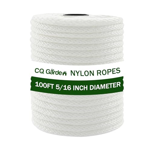 CQ Garden Nylon Rope 100FT x 5/16 Inch (8mm), Durable Nylon Cord for Outdoor and Indoor Crafts, DIY, Clothesline, Tie, Pull, Home Use(White)