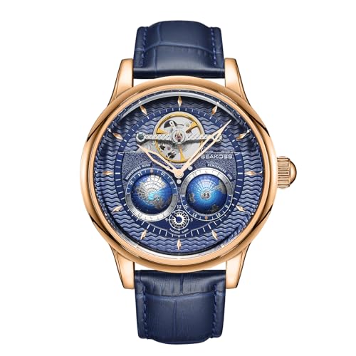 Watches for Men Automatic Mechanical Luxury Flywheel Watch 3D Double Globe Stainless Steel Case Leather Strap Men Wrist Watch Rose White Brown