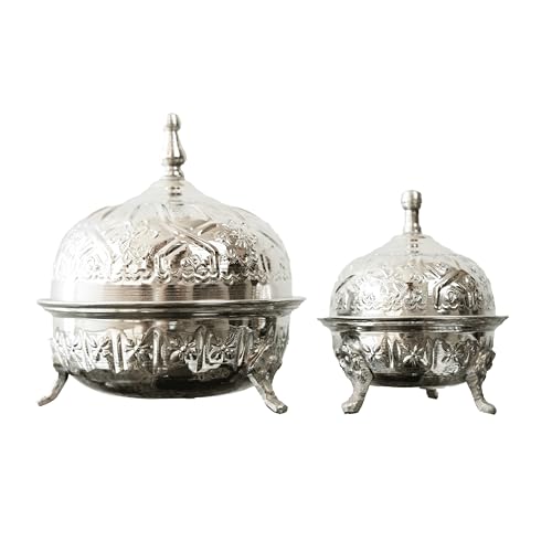 Genérico Azucarero marroquí hecho a mano en cobre, con aleaciones de níquel para un color plateado, diámetro 10 cm, altura 9 cm. (9 cm x 10 cm)