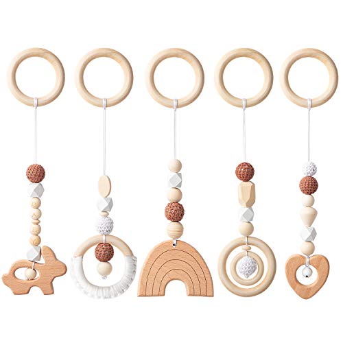 R HORSE 5 Baby Play Gym Toy Set Wooden Hanging Toy for Infant Play Gym Activity Wooden Nursing Pendant Gym Teether Rattles Toy Sensory Toys for Newborn Gift Birthday Shower Gifts