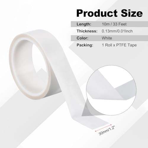 PATIKIL Hitzefestes Band, 1,2 Zoll x 33 Fuß Hochtemperaturband PTFE-Klebeband Hochtemperaturband Wasserdicht für Vakuumversiegelungsmaschine Isolierungsschutz, Weiß, 0,13 mm dick