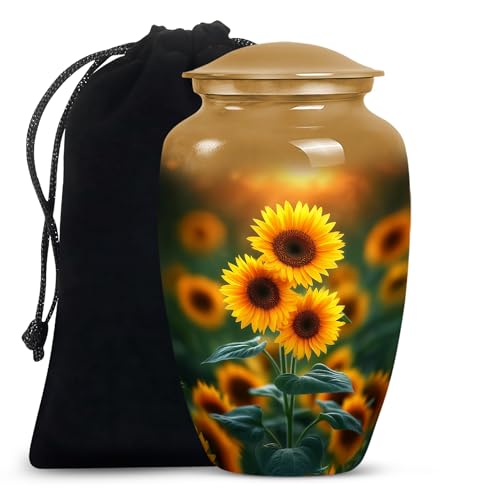 Image of Yellow Sunflower Urns for Human Ashes Male - Burial Urns for Ashes for Women - Large Urn Sunflower for Human Adult Mom and Dad - Large Cremation Urn for Mother and Father 10inch