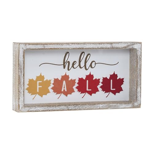 Image of Embossed Hello Fall Sign, Farmhouse Fall Decorations for Home, Modern Autumn Home Decor Indoor, Wooden Thanksgiving Tiered Tray Decor for Table Shelf Cubicle Desk Mantel