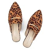 MUSSHOE Mules for Woman Pointed Toe Women's Bukle Mule Flat Slip-on Womens Mules Shoes Casual Fashion Party Work,Leopard Suede 8