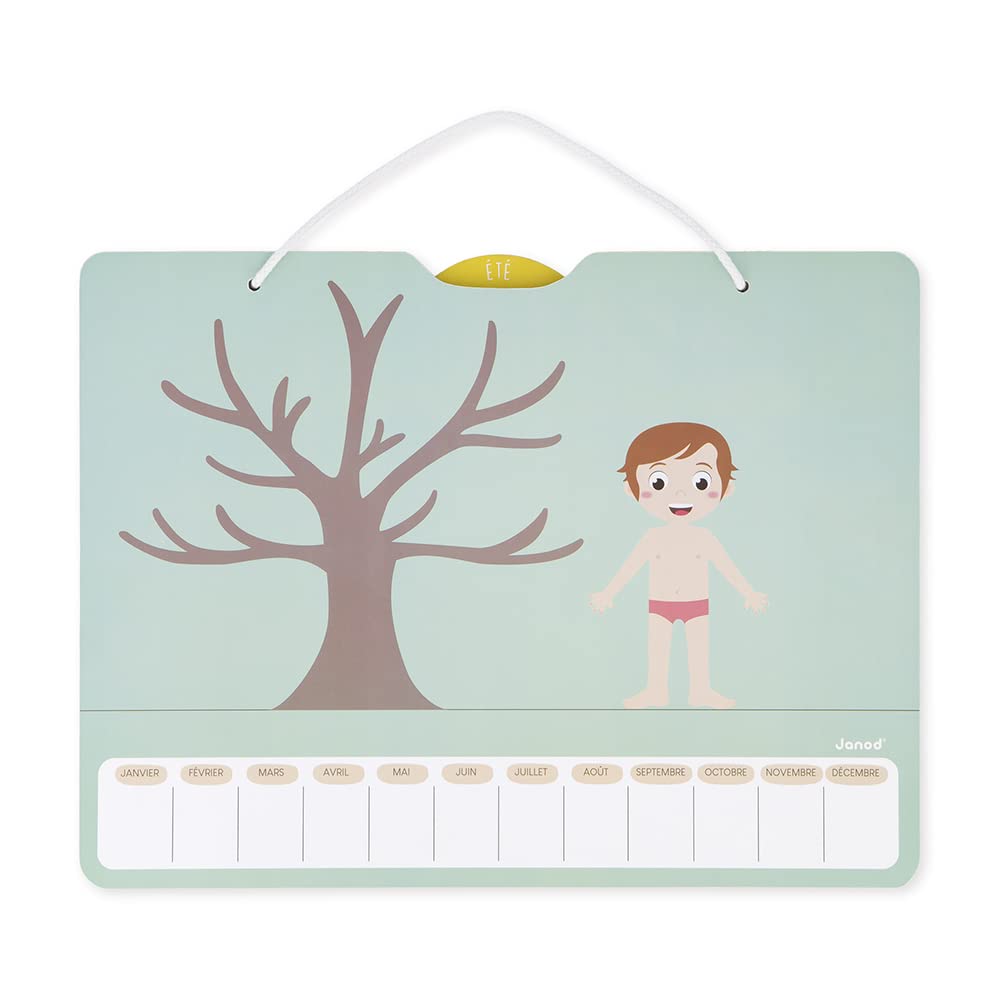 Janod - Calendario delle Stagioni - Calendario Educativo in Legno per Bambini 42 x 32 cm - Magnetico - 125 Magneti - Imparare Tempo e Stagioni - Versione Francese - dai 3 Anni, J547
