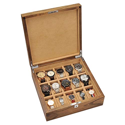 Yjdr 15 Ranura ELM Wood Watch Box Reloj de Madera sólida Pura Caja de Almacenamiento Diseño de Gran Capacidad Pulsera Colección de Nuez 3kg Key (Color : Light Coffee Color) Cover