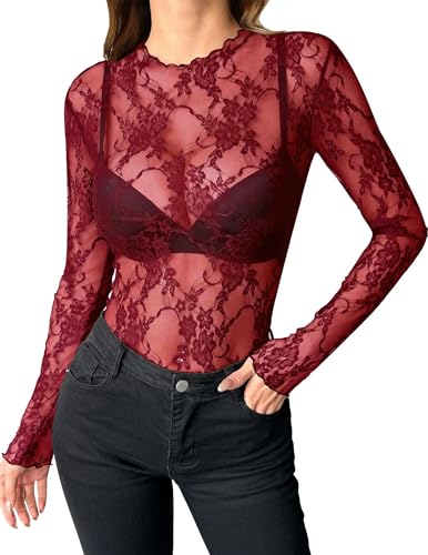 Zeagoo Long Sleeve Lace Undershirt for Women Mesh Tops Mock Neck Sheer See Through Tee Shirt Blouse Red M