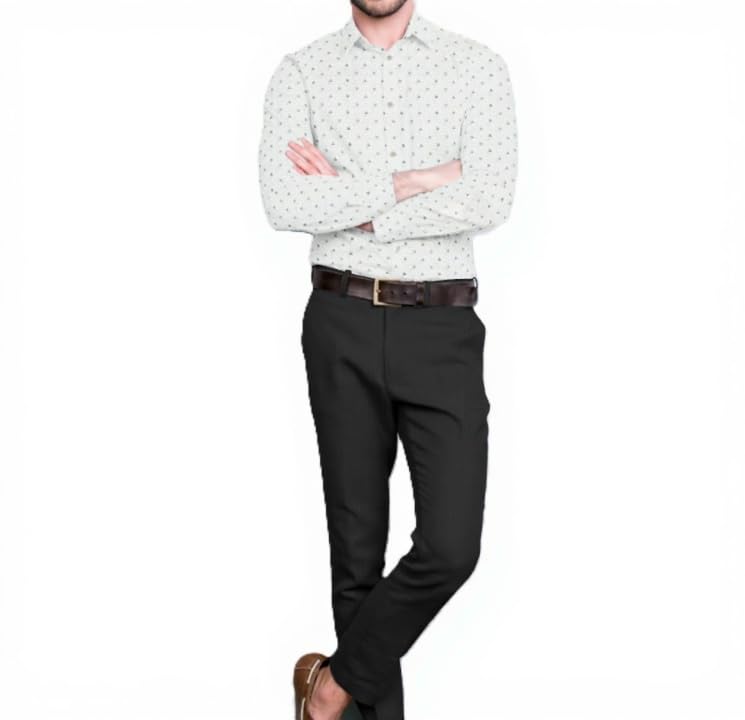 Men's Unstitched Combo of Pack 2; Shirt (1.60m) and Trouser (1.20m) Fabric Set | Black Trouser with White Small Triangle Printed Pattern Shirt,-image-25