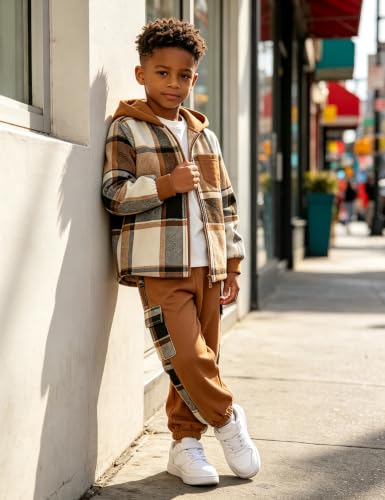 Image of Toddler Boy Clothes Plaid Hooded Shirt White T-shirt Top and Solid Color Pants 3Pcs Winter Boys Clothes