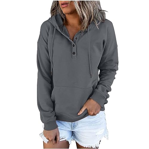 Sudadera casual de manga larga con botón y bolsillo con cordón - Sudadera con capucha de manga larga con botón a presión, gris, S, gris, S, gris, S