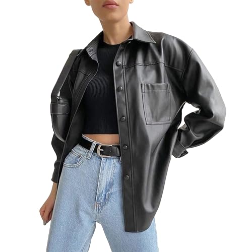 Women's Classic Button Down Outdoor Coat Loose Fit Faux Leather Coat Jacket Lapel Lonf Sleeve Solid Outerwear (A-Black,Medium)