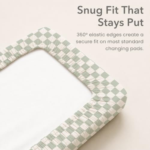 Image of Konssy Waterproof Muslin Changing Pad Cover 2 Pack, 100% Cotton Quilted Diaper Changing Table Sheets, Soft Breathable Boho Nursery Bedding for Baby (Baby Green Plaid,Green Dino)