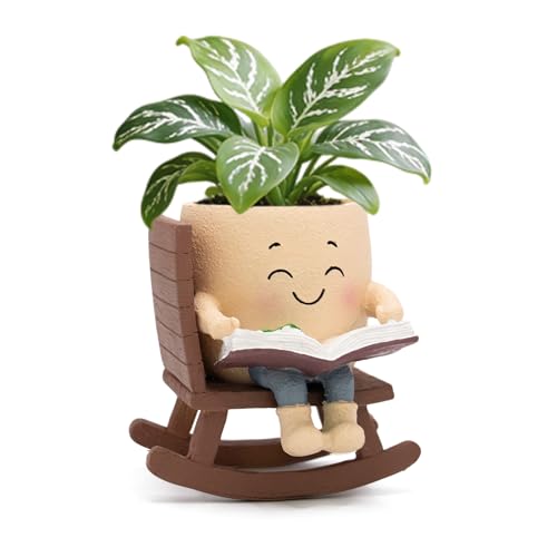 Toparad Smily Face Rocking Chair Reading Book Planter Pots with Drainage Hole Cute Resin Flower Head Succulent Planters for Indoor Plants Gift IdeaI for Mother Birthday Christmas