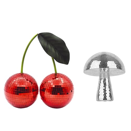Juego de decoración disco cereza y seta: decoración roja de cereza con soporte y seta disco plateada con espejo reflectante para dormitorio, fiesta o habitación universitaria miniatura 1