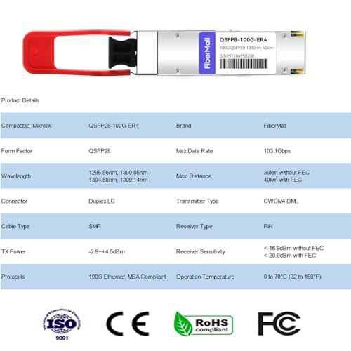 Image of QSFP28 100G ER4 Lite Transceiver Module,Compatible with Mikro TIK QSFP28-100G-ER4L,100GBASE-ER4 QSFP28 1310nm LAN WDM 40km with FEC,30km Without FEC LC SMF DDM