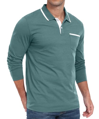 Camiseta polo para hombre Askdeer de manga larga, algodón suave, clásica con bolsillo, para golf y uso casual miniatura 3