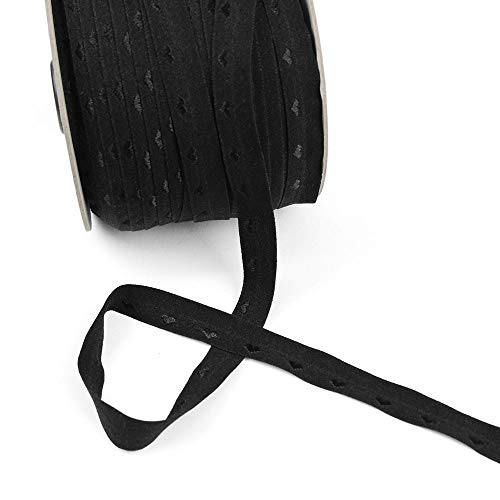 5 Yards of BABYHEART Fold-Over Elastic with Satin-stitch Hearts, Jet Black, Made in Italy