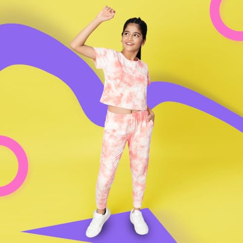 Image of TeenTrums Tie Dye Black Co-ord Set with Boat Neck Tshirt & Joggers, 100% Cotton, Fashion for Youth, Stylish Teen Fashion Collection, Tie Dye Set of Top & Bottom for Girls, Age 05 to 16 Years