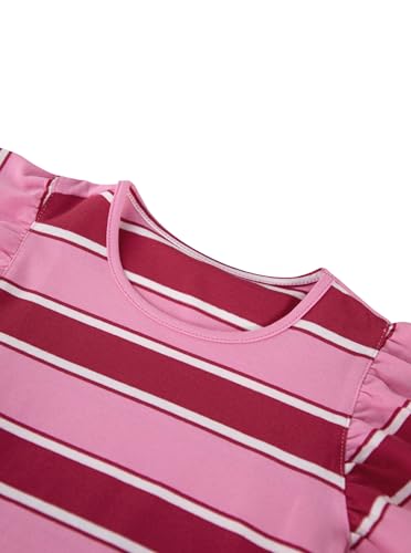 Image of Girls Striped Shirt Flutter Sleeve Top Crewneck Cute Summer T Shirts Casual Tees Red Pink 7-8 Years
