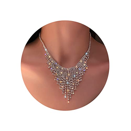 Handcess Silber Kristall Halskette Quaste Strass Choker Halsketten Sparkly Nightclub Party Schmuck Zubehör für Frauen und Mädchen Cover