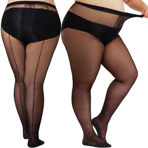 SUREPOCH 2 Pairs Plus Size Backseam Black Pantyhose for Women 20D T - Crotch Nylon Sheer Tights Reinforced Toe 1X 2x 3x 4x