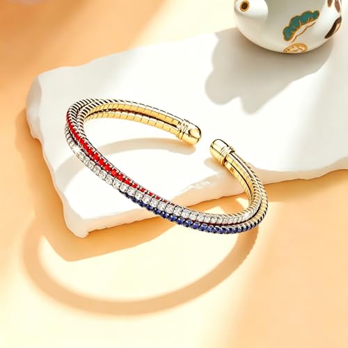 Image of Dreuyet American Flag Rhinestone Bracelet Red White Blue Crystal Patriotic 4th of July Shiny Decorations USA Independence Day Jewelry