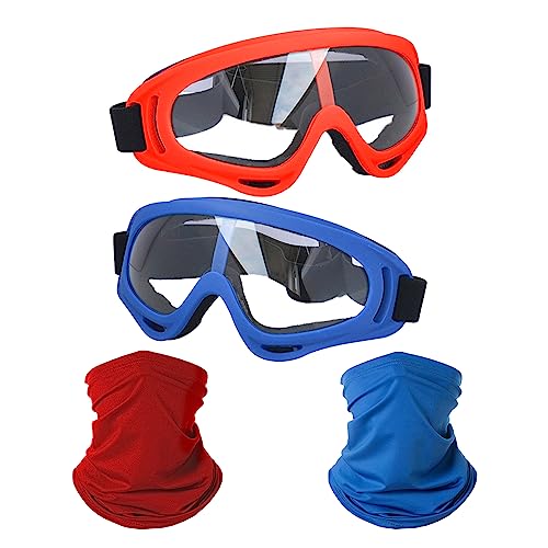 Image of LJDJ Motorcycle Goggles,2 Pack Dirt Bike ATV Motocross Riding Hiking Protective with 2 Pack Neck Breathable Bandana Mask (Red + Blue /Clear Lens)