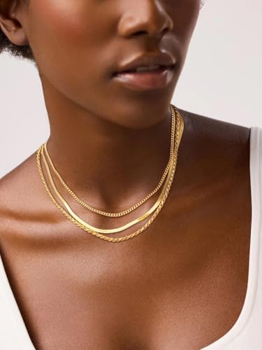 Gold/Silver Necklaces Stack For Women,14K Gold/Sterling Silver Plated Simple Layered Choker Necklaces For Women,Stackable Multilayer Pearl Cross Disc Circle Pendant Cuban Herringbone Snake Paperclip Chain Necklaces Set Jewelry Gift for Women4