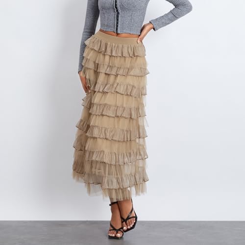 Women's Tulle Midi Skirt Elastic High Waist Layered Pleated Mesh Flowy A-Line Prom Party Long Tutu Skirts4