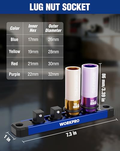 Image of WORKPRO 1 /2 inch Drive Lug Nut Impact Duty Socket Set, 4 Pieces 17-19-21-22mm Deep Thin Wall Socket Set, Made of Premium Cr-Mo Steel, Non-Marring Lug Nut Wheel Sockets for Car