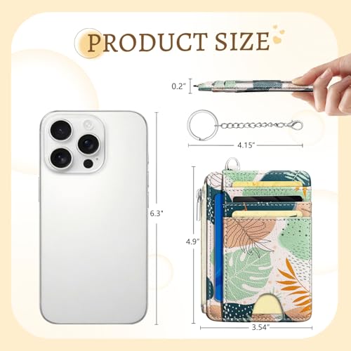 Image of Kelvoris Abstract Leaves Credit Card Holder Small Wallet Women, Slim RFID | Keychain, Zipper Coin Pocket, Front Pocket Thin Travel Card Case, Minimalist, 6 Card Slots, 1 ID Window, Ladies Gifts Woman
