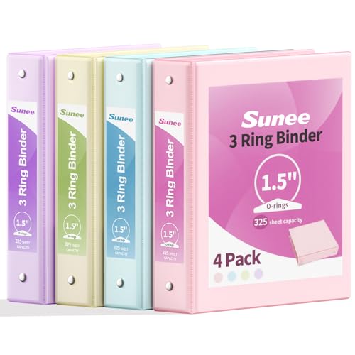 SUNEE 1.5 Inch Binders 3 Ring 4 Pack, Clear View 1 1/2 Inch Binders Three Ring PVC-Free (Fit 8.5x11 Inches) for School or Office Supplies, Assorted Pastel