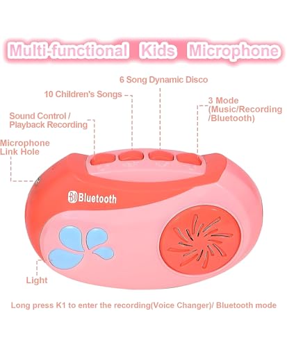 Image of Kids Bluetooth Karaoke Machine with Microphone | Portable Singing Machine with Speaker Voice Changer Magic Sound Modes Rhythms Songs | Musical Instrument Toy for Boys Girls (Pink)