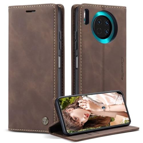 Haygdz Handyhülle für Huawei Mate 30 Hülle, Premium Lederhülle Klappbar Flip Hülle Tasche Magnet Kartenfach Standfunktion Klapphülle stoßfest Schutzhülle für Huawei Mate 30 - Kaffee