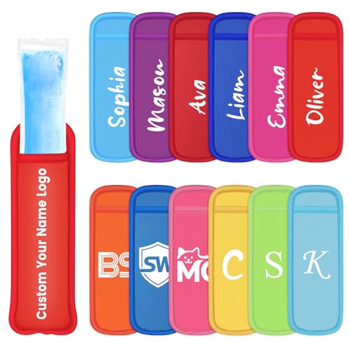 Custom Ice Pop Sleeves with Name Logo Text, Neoprene Insulator Sleeves, Freezer Popsicle Holder Sleeves, Colorful Ice Sleeves Holder Bag, Reusable Washable Ice Popsicle Holders for Kids