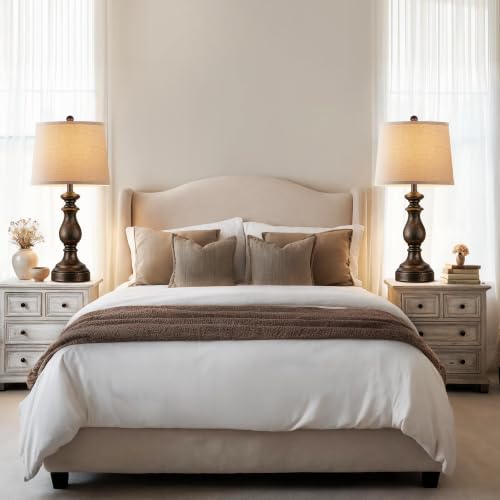 Image of PARTPHONER Traditional Table Lamp Set of 2, Rustic Farmhouse Table Lamps for Living Room Bedroom, 27 inch Bedside Desk Lamps Vintage Nightstand Lamps with Linen Shades, Oil Rubbed Bronze