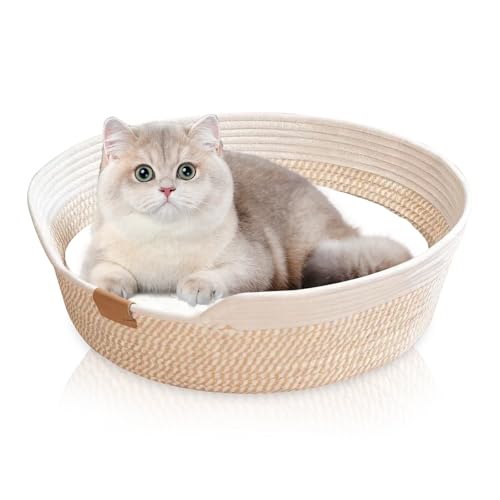 MDPUTY Katzenbett Waschbar, 50 Durchmesser Katzenkorb aus Baumwollseilen Geflochten Atmungsaktives Katzenkörbchen mit Kissen Langlebig Katzen Bett für Alle Katze (Beige)