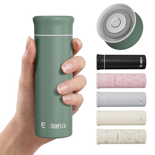 Exllena 250ml Mini Thermal Flask 100% Leakproof Pocket Travel Mug for Flat White Coffee & Tea Slim Stainless Steel Small Water Bottle for Handbag Commute Milk BPA Free(Dusty Green)