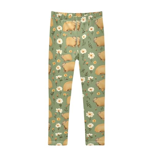 Wusikd Capybaras Flower Girls' Leggings Toddler Doodles Green Kids Yoga Pants Dance Active Tights 4T