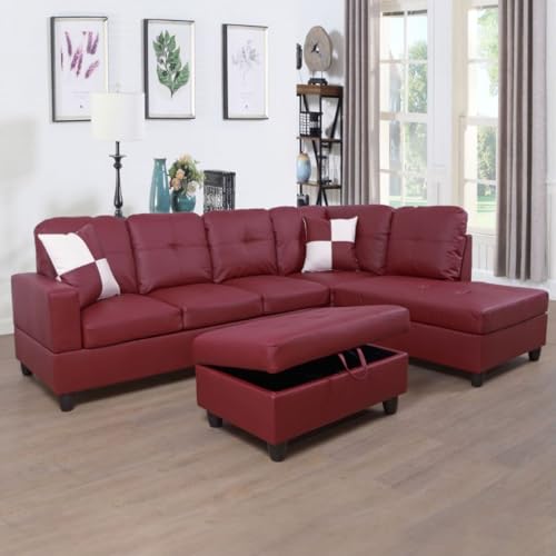 Image of Red L-Shaped 3-Piece Faux Leather Sofa with Storage Ottoman Set, Sectional Couch Leather-Like Sofa Set for Living Room, Office, Small Space