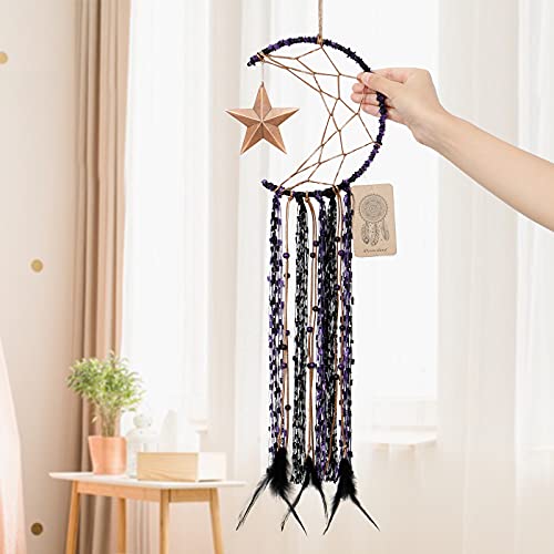 Dremisland Moon Dream Catcher Handmade Half Circle Moon Design Dream Catcher Feather Hanging with Star Home Decoration Ornament Festival Gift (Purple) - Image 5