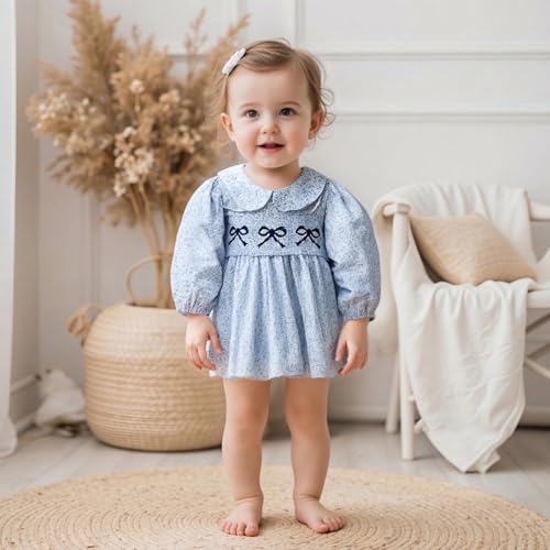 Newborn Baby Girl Outfit Bow Embroidery Floral Smocked Romper Dress Long Sleeve Bodysuit Jumpsuit Infant Fall Clothes3