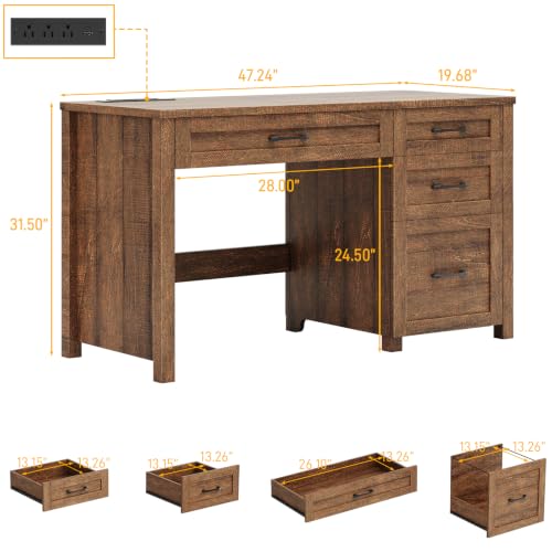 Image of Farmhouse 47 inch Executive Desk, Computer Desk with File Drawer and Charging Station, Workstation for Home Office, Study,Red-Brown