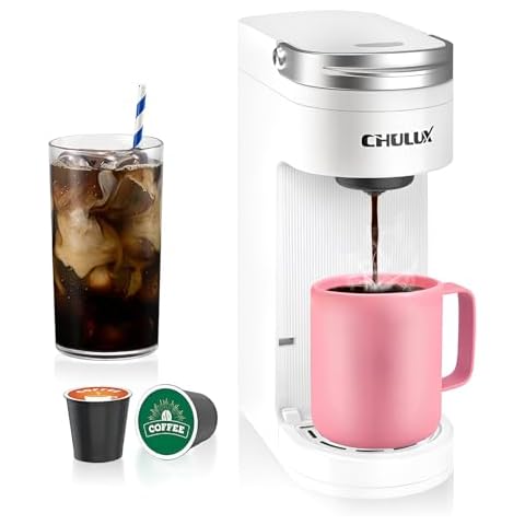 CHULUX Slim Single Serve Coffee Maker for K Cup Pods, One Cup Coffee Maker Fits 7.3" Travel Mugs, Coffee Machine with 6 to 12oz Brew Sizes, White Cover