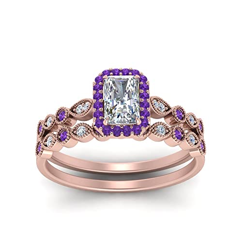 Ensemble d'anneaux de mariage vintage halo plaqué or rose avec pierre personnalisable