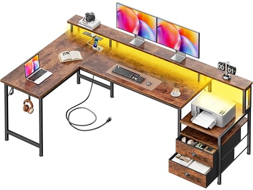 Image of Korfile 66'' L Shaped Computer Desk with Storage Drawers, Power Outlet, LED